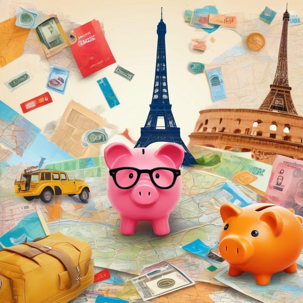 A cheerful traveler surrounded by a collage of budget-friendly travel essentials like discount coupons, a map with marked cheap destinations, and an overflowing piggy bank. Include vibrant colors to evoke excitement, with a backdrop of famous landmarks like the Eiffel Tower and the Colosseum, symbolizing affordable travel experiences. vector art. dynamic composition. upbeat and eye-catching.