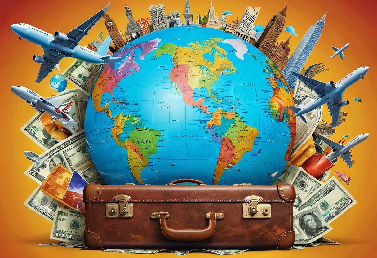 A vibrant globe surrounded by iconic landmarks symbolizing different travel destinations. Include a vintage suitcase overflowing with colorful travel essentials, like a camera and maps. Add an airplane flying in the sky, leaving a trail of dollar bills, symbolizing budget travel tips. Bright, adventurous colors to evoke excitement and wanderlust. super-realistic. vibrant colors. 3D.