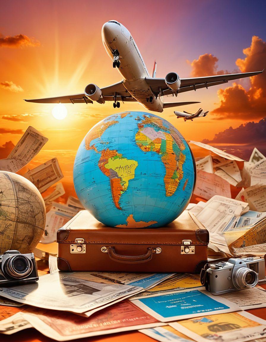 A captivating scene of a diverse group of travelers joyfully exploring an iconic landmark, surrounded by airplane tickets, a globe, and travel gear, with a sunset backdrop symbolizing adventure. The image should convey a sense of excitement and budget-friendly travel options, with vibrant colors highlighting the joy of discovery. super-realistic. vibrant colors. travel-themed.